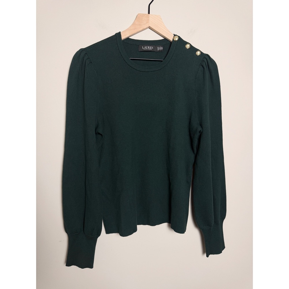 Lauren Ralph Lauren XL Gold Button Dark Green Rib Knit Sweater Old Money Preppy